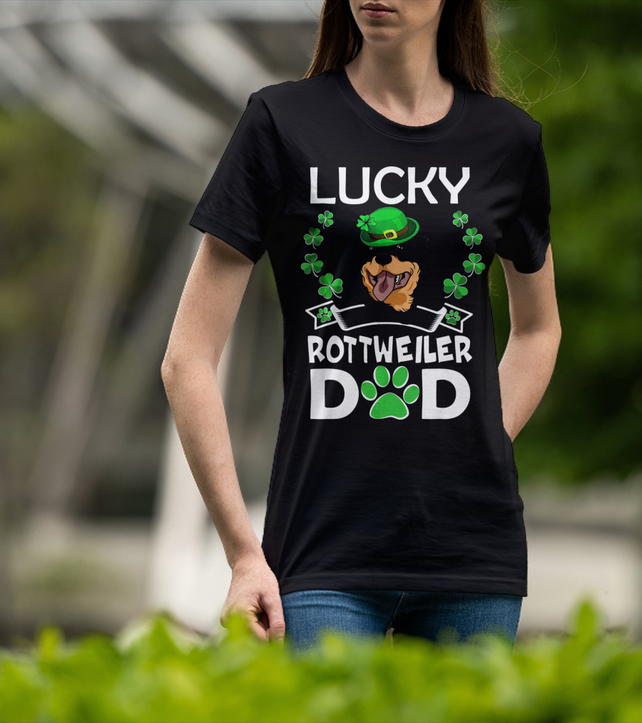 Lucky Rottweiler Dad St Patricks Day Shamrocks And Green Hat T-Shirt