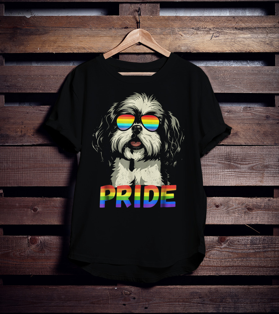 Pride Shih Tzu With Gay Pride Flag Sunglasses For Dog Lovers T-Shirt