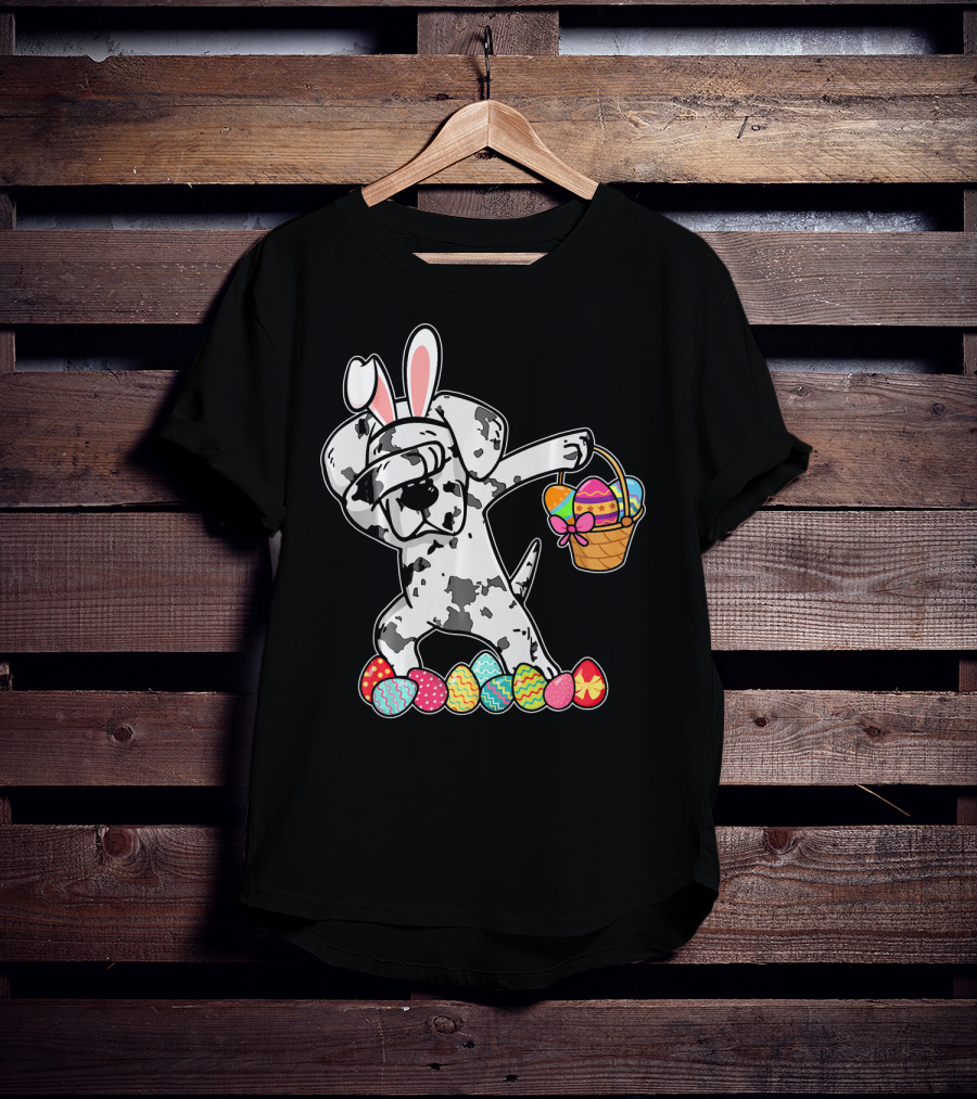 Great Dane Dabbing Easter Bunny With Egg Basket And Colorful Hunting Eggs T-Shirt