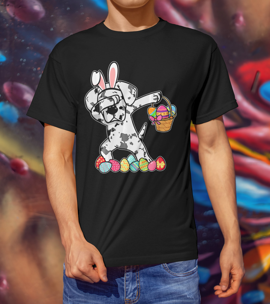Great Dane Dabbing Easter Bunny With Egg Basket And Colorful Hunting Eggs T-Shirt