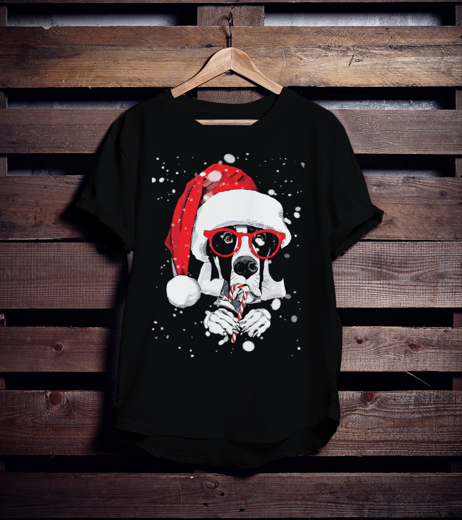 Great Dane Licking Candy Cane With Santa Xmas Hat And Red Glasses Snowflakes T-Shirt