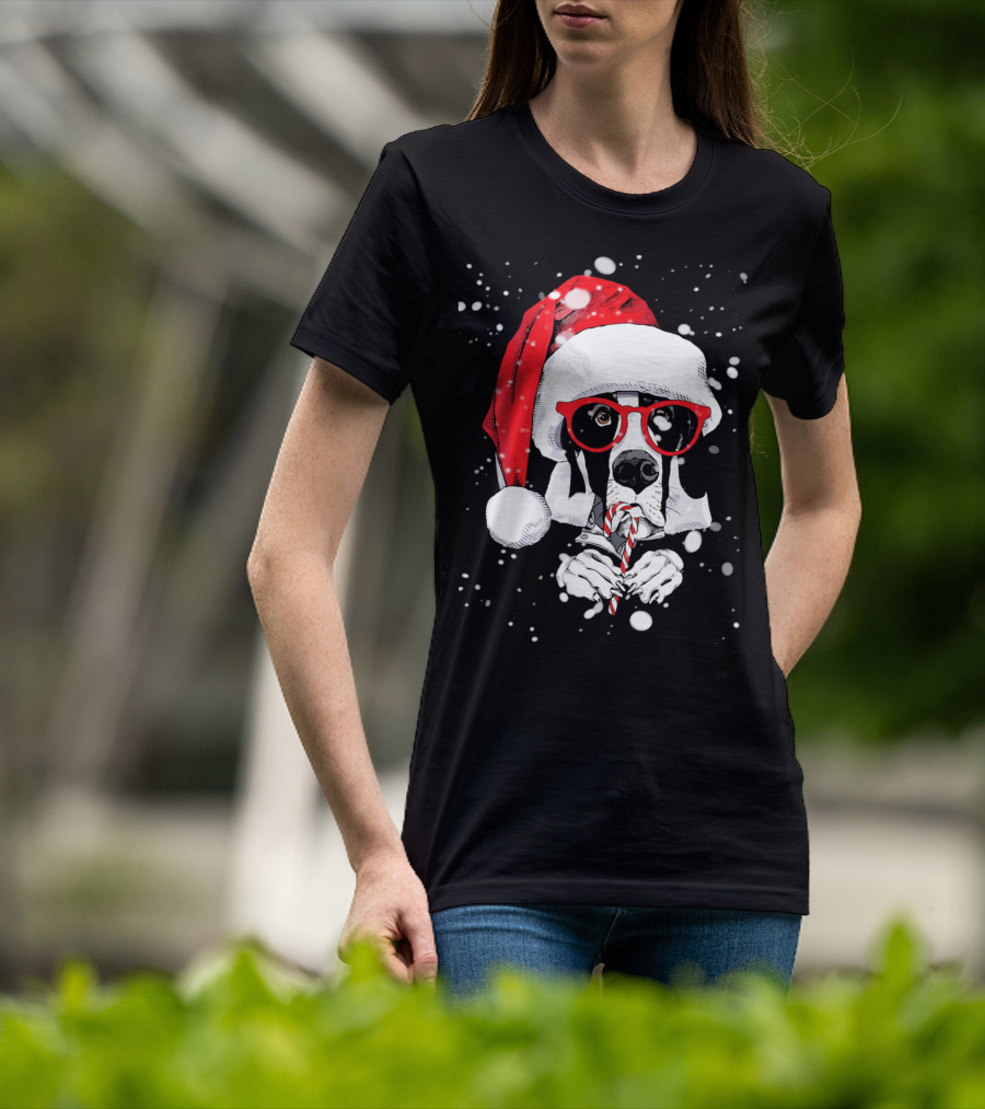 Great Dane Licking Candy Cane With Santa Xmas Hat And Red Glasses Snowflakes T-Shirt