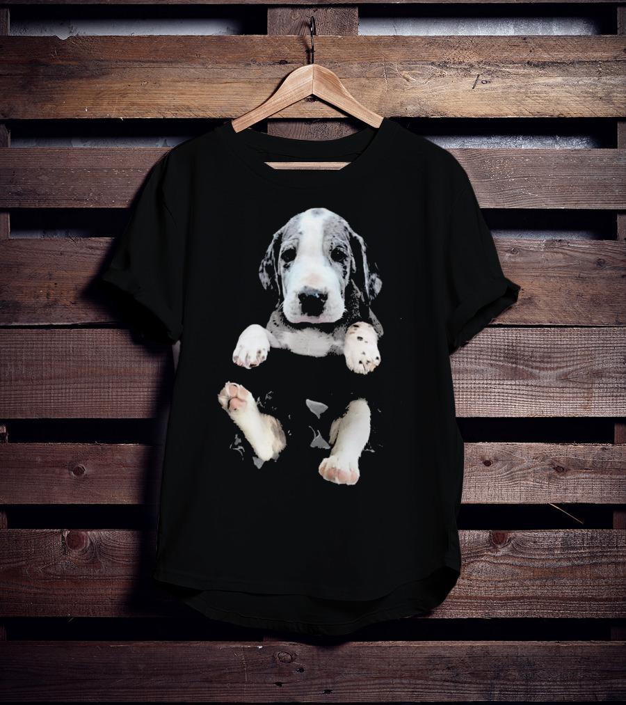 Great Dane Puppy Peeking Out Of Pocket T-Shirt