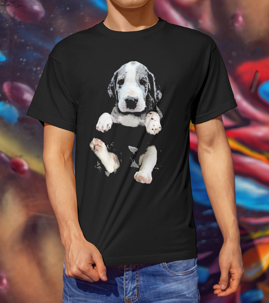 Great Dane Puppy Peeking Out Of Pocket T-Shirt