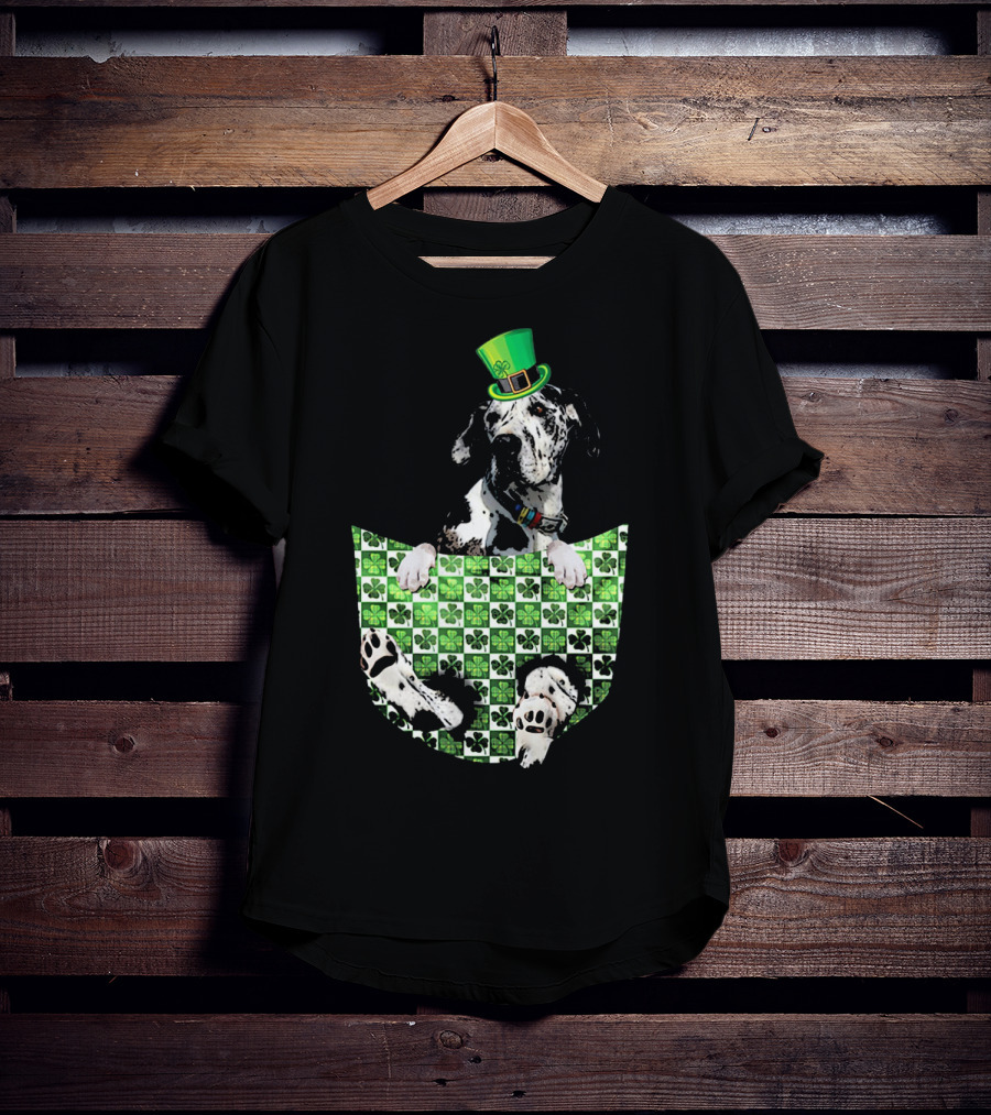 Great Dane In Pocket With Green Shamrock Patrick Hat T-Shirt