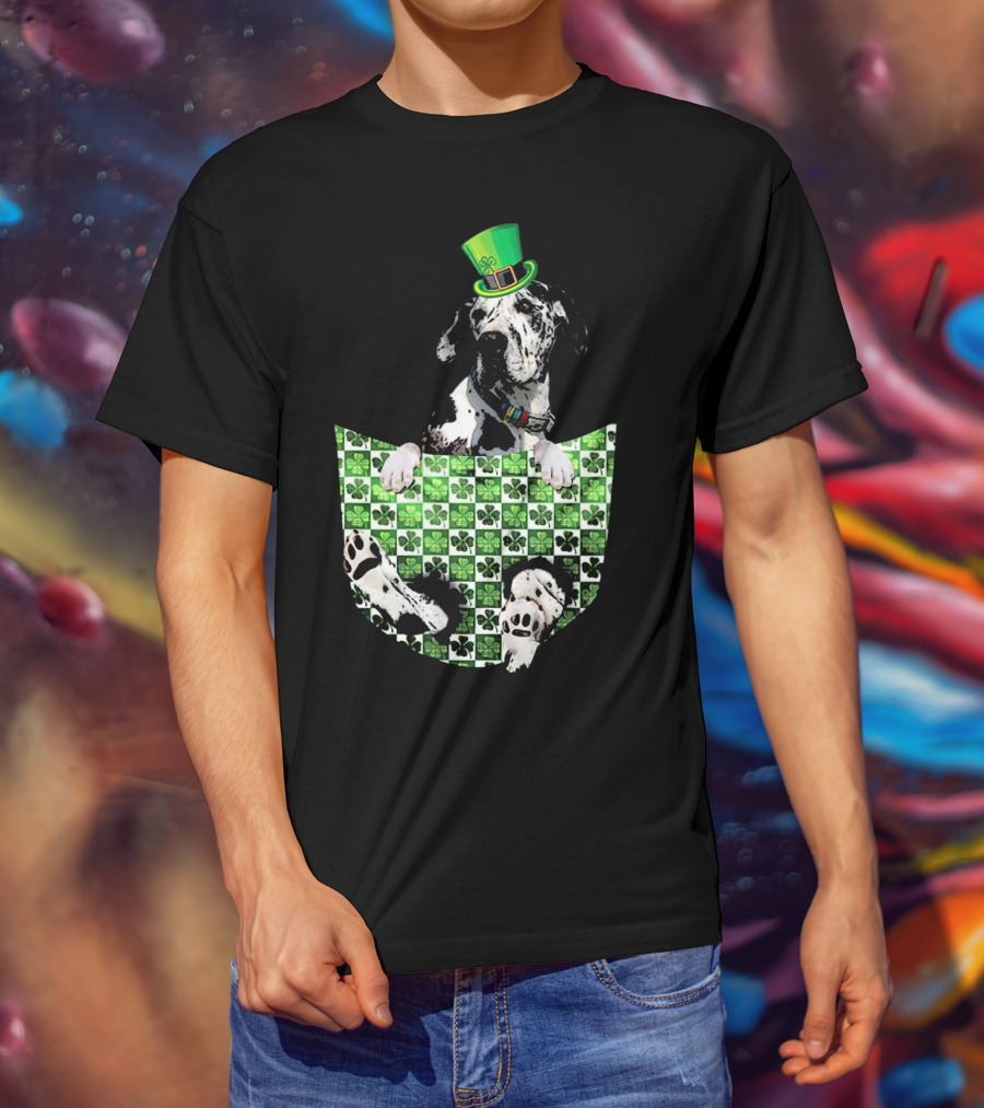 Great Dane In Pocket With Green Shamrock Patrick Hat T-Shirt