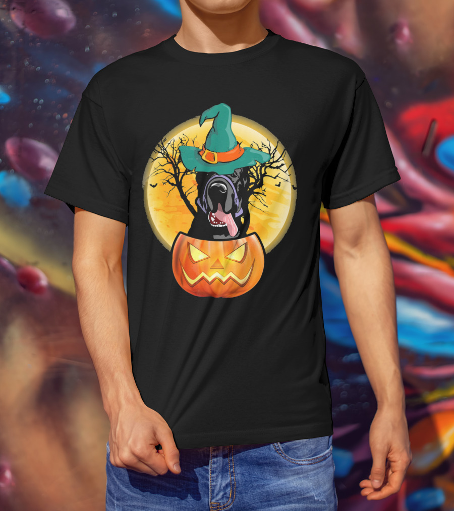 Great Dane Halloween Pumpkin Witch Hat Spooky Scene T-Shirt