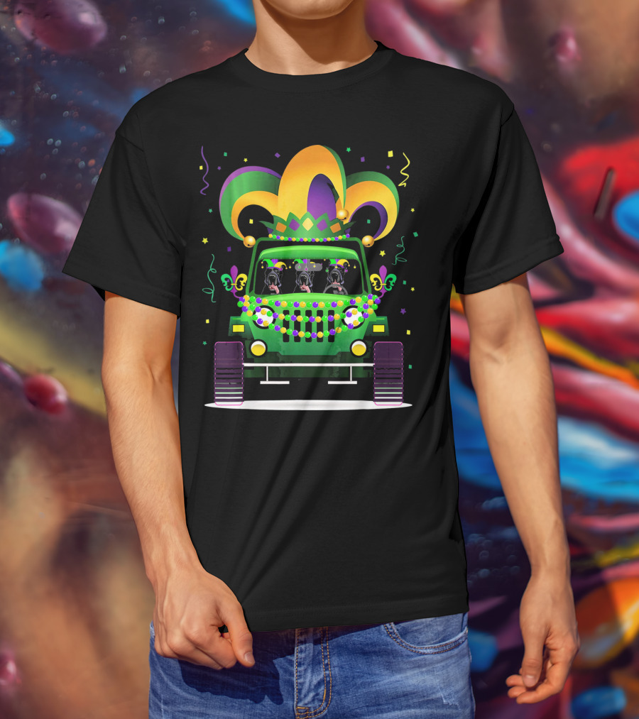 Great Dane Trio In Jeep With Mardi Gras Beads And Hat T-Shirt