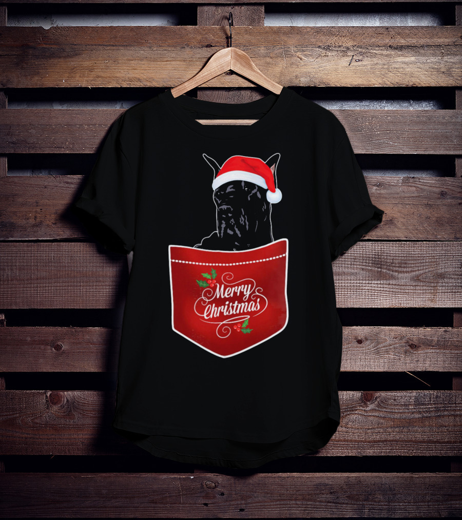 Great Dane In Santa Hat With Merry Christmas Pocket T-Shirt