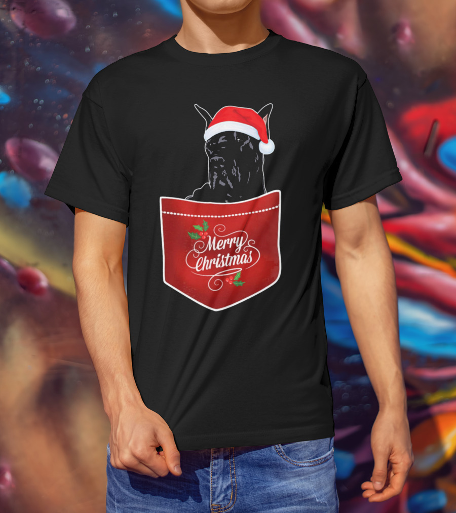 Great Dane In Santa Hat With Merry Christmas Pocket T-Shirt
