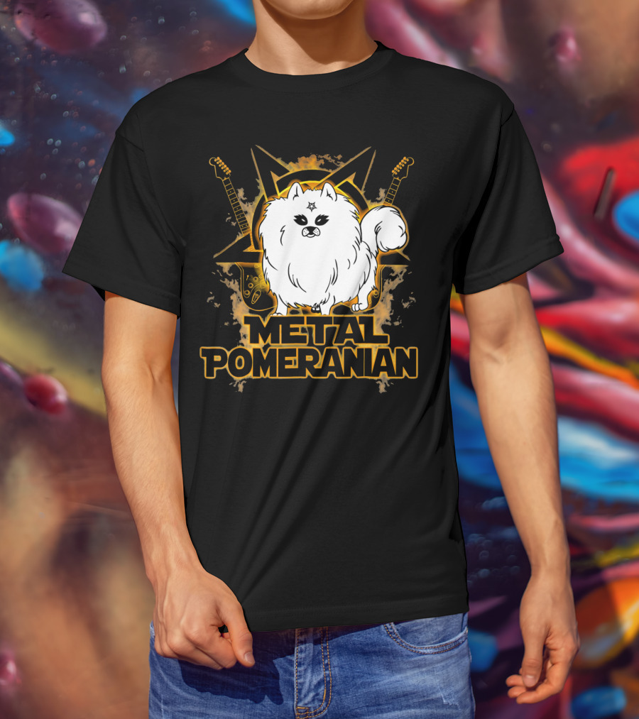 Hail Satan Metal Pomeranian Rock N Roll With Star And Guitars T-Shirt