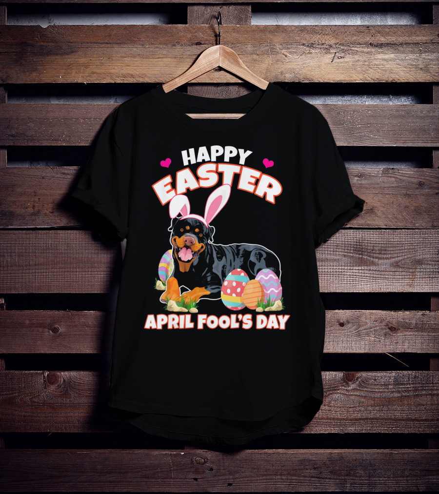 Happy Easter April Fool's Day Funny Rottweiler With Bunny Ears And Colorful Eggs T-Shirt