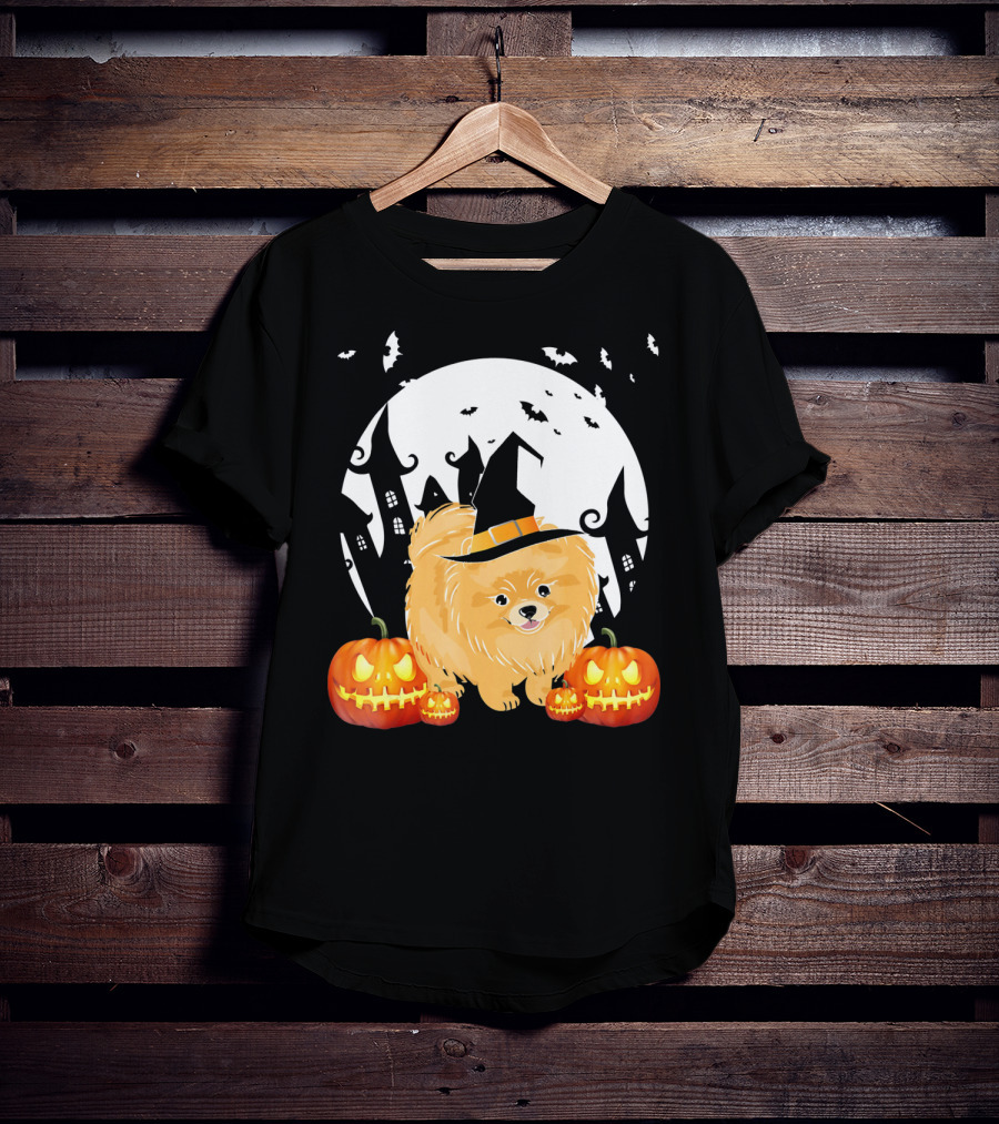 Happy Halloween Little Witch Pomeranian Dog With Pumpkins And Haunted House T-Shirt