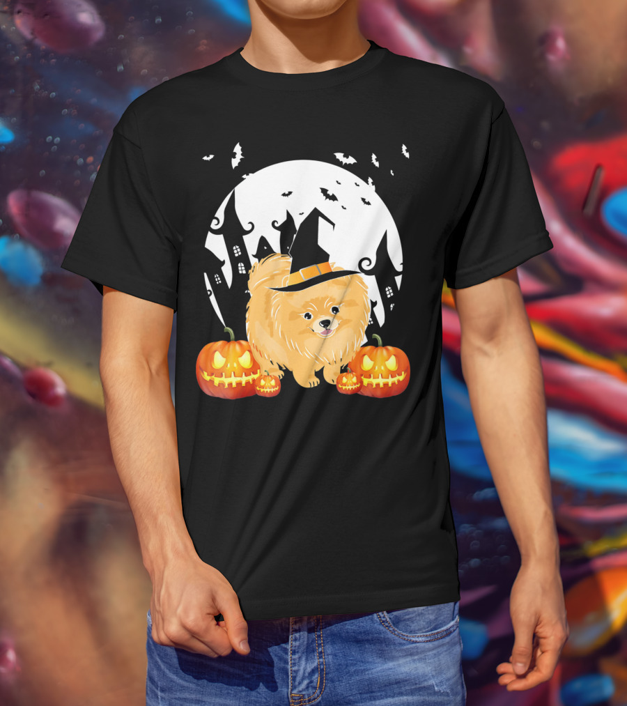 Happy Halloween Little Witch Pomeranian Dog With Pumpkins And Haunted House T-Shirt