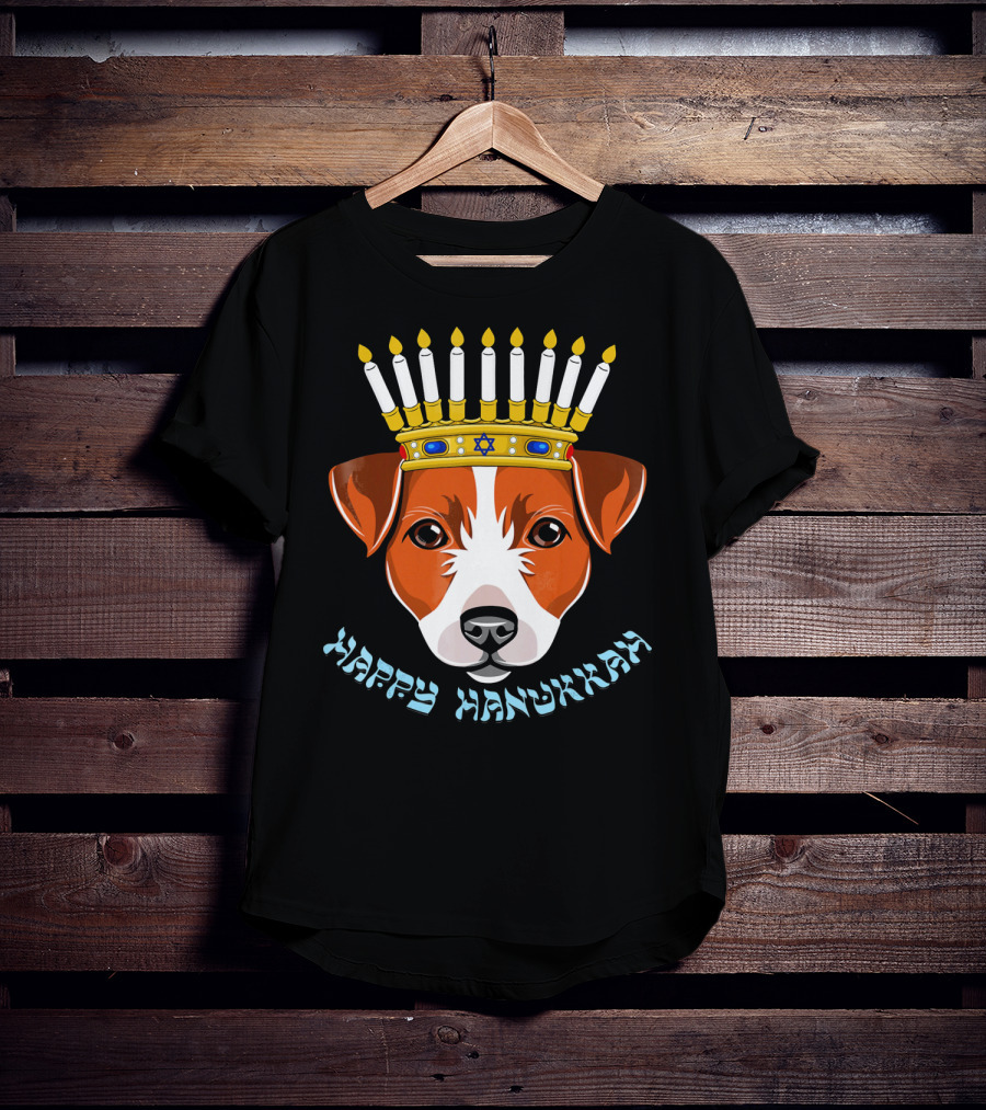 Happy Hanukkah Jack Russell Menorah Hat Candle T-Shirt