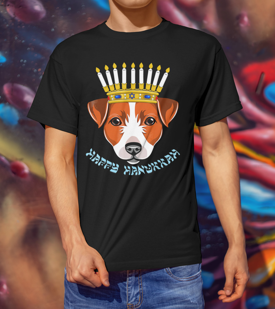 Happy Hanukkah Jack Russell Menorah Hat Candle T-Shirt
