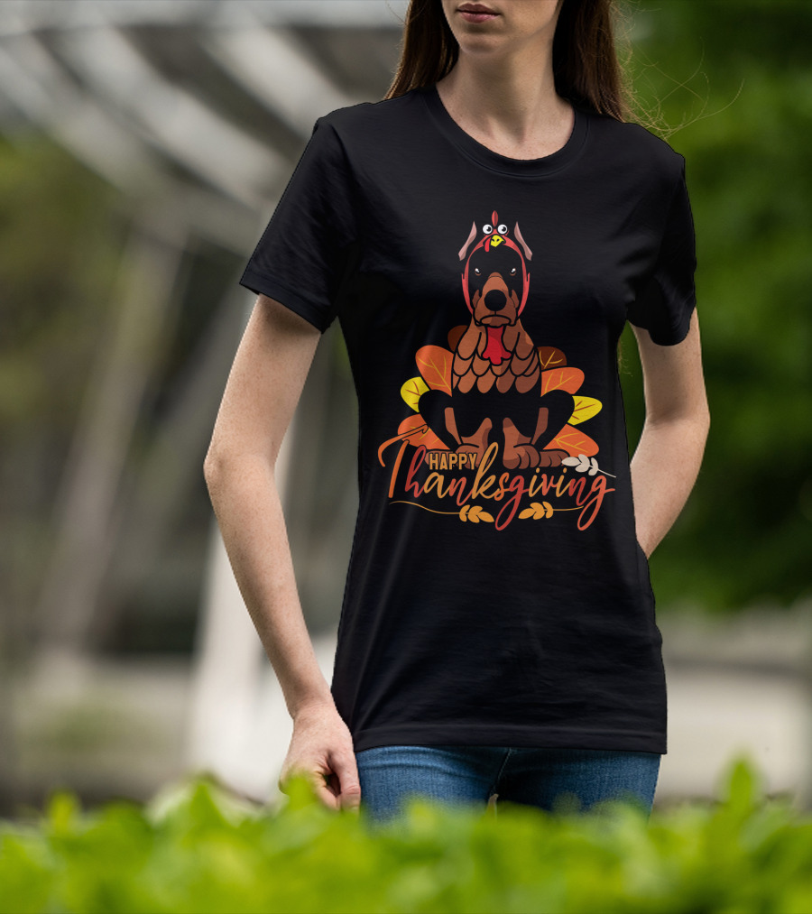Happy Thanksgiving Doberman Pinscher Turkey Autumn Leaves T-Shirt