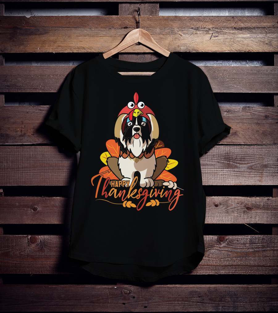 Happy Thanksgiving Shih Tzu In Turkey Costume With Leaves T-Shirt