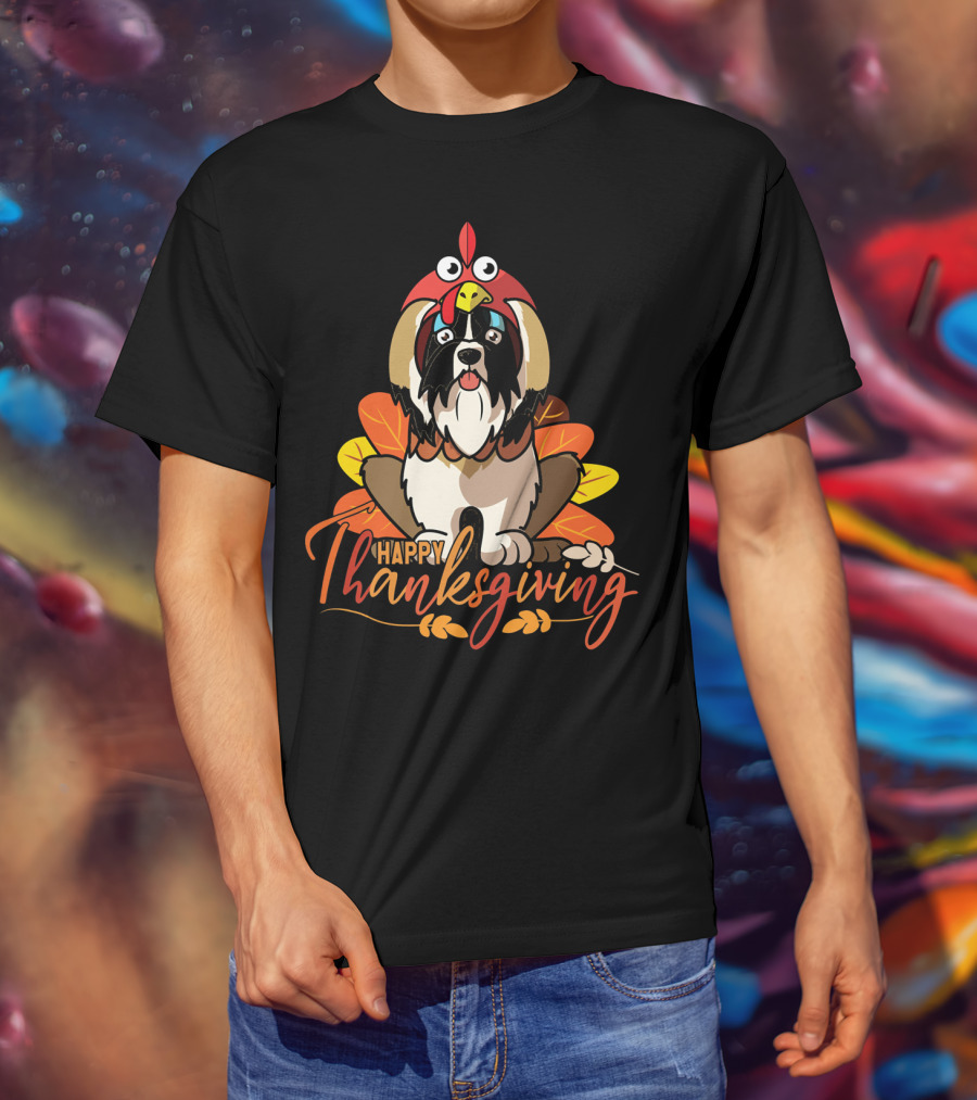 Happy Thanksgiving Shih Tzu In Turkey Costume With Leaves T-Shirt