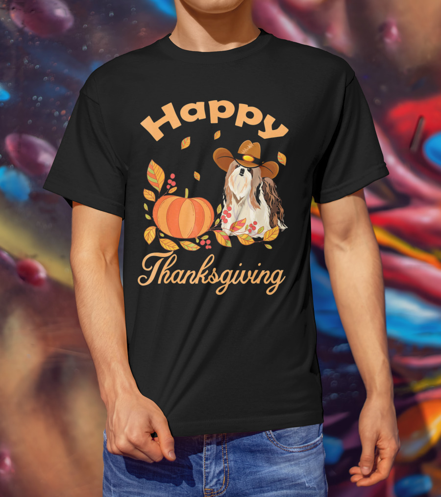 Happy Thanksgiving Shih Tzu Cowboy Pumpkin Leaves T-Shirt
