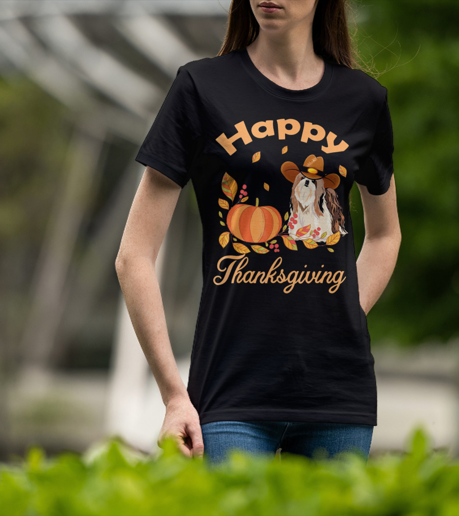 Happy Thanksgiving Shih Tzu Cowboy Pumpkin Leaves T-Shirt