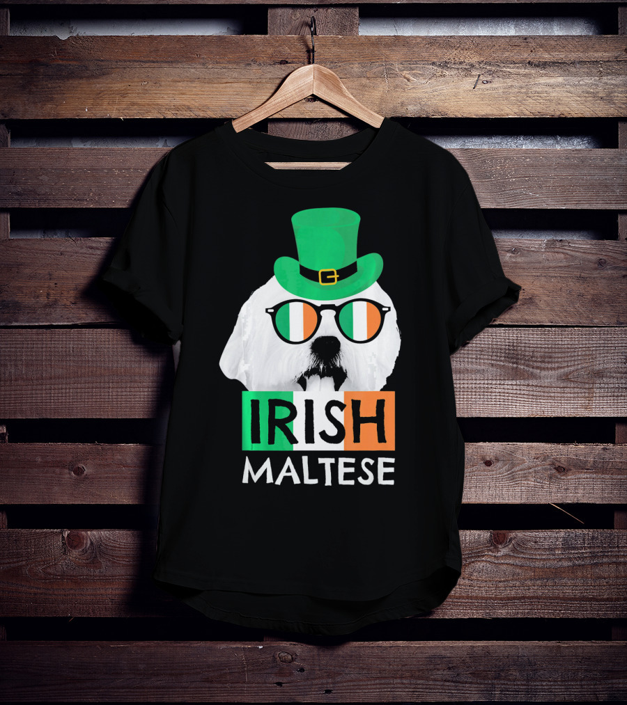 Irish Maltese St Patricks Day Dog Wearing Shamrock Hat And Glasses T-Shirt