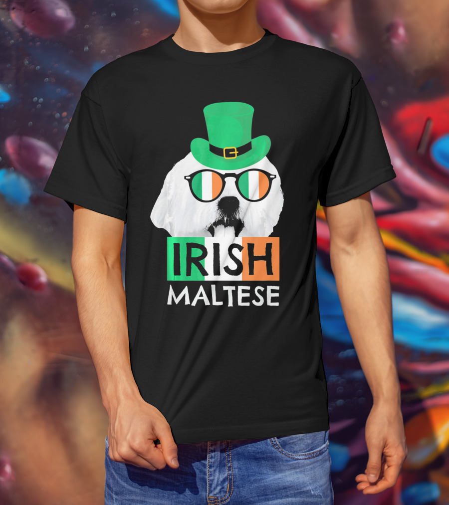 Irish Maltese St Patricks Day Dog Wearing Shamrock Hat And Glasses T-Shirt