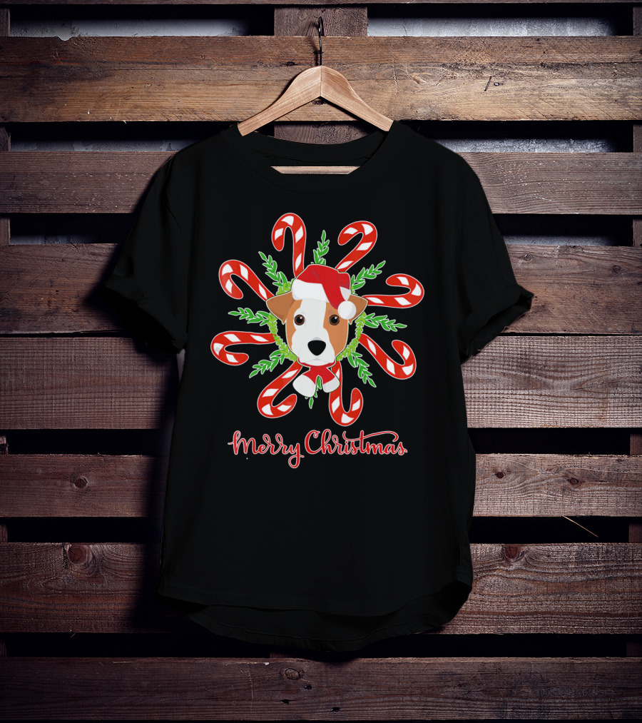 Merry Christmas Jack Russell Candy Cane Wreath T-Shirt