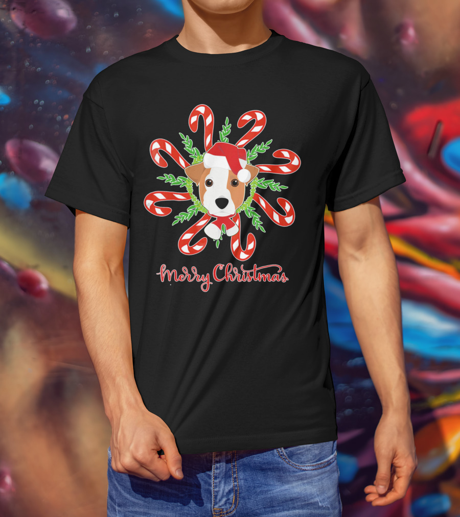 Merry Christmas Jack Russell Candy Cane Wreath T-Shirt