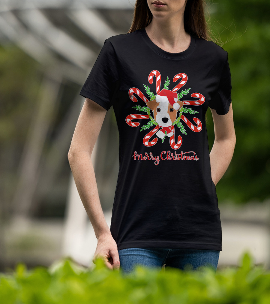 Merry Christmas Jack Russell Candy Cane Wreath T-Shirt