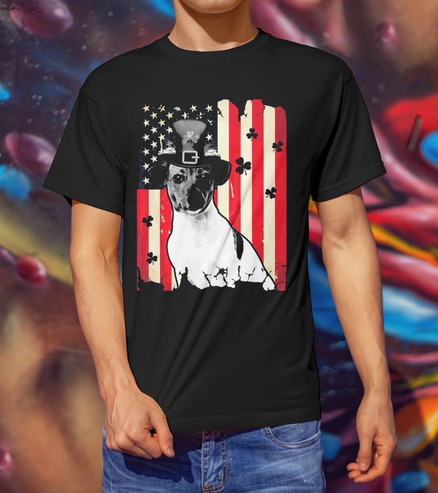 Jack Russell Terrier American Flag St Patricks Day With Shamrocks T-Shirt