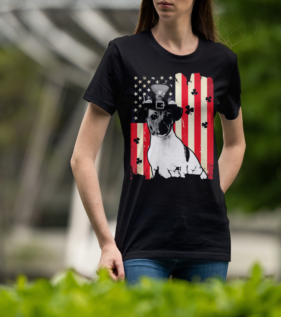 Jack Russell Terrier American Flag St Patricks Day With Shamrocks T-Shirt