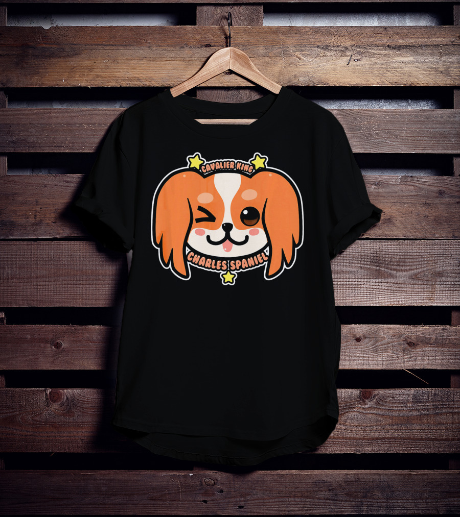KAWAII Cavalier King Charles Spaniel Dog Puppy Cute Winking Face With Stars T-Shirt