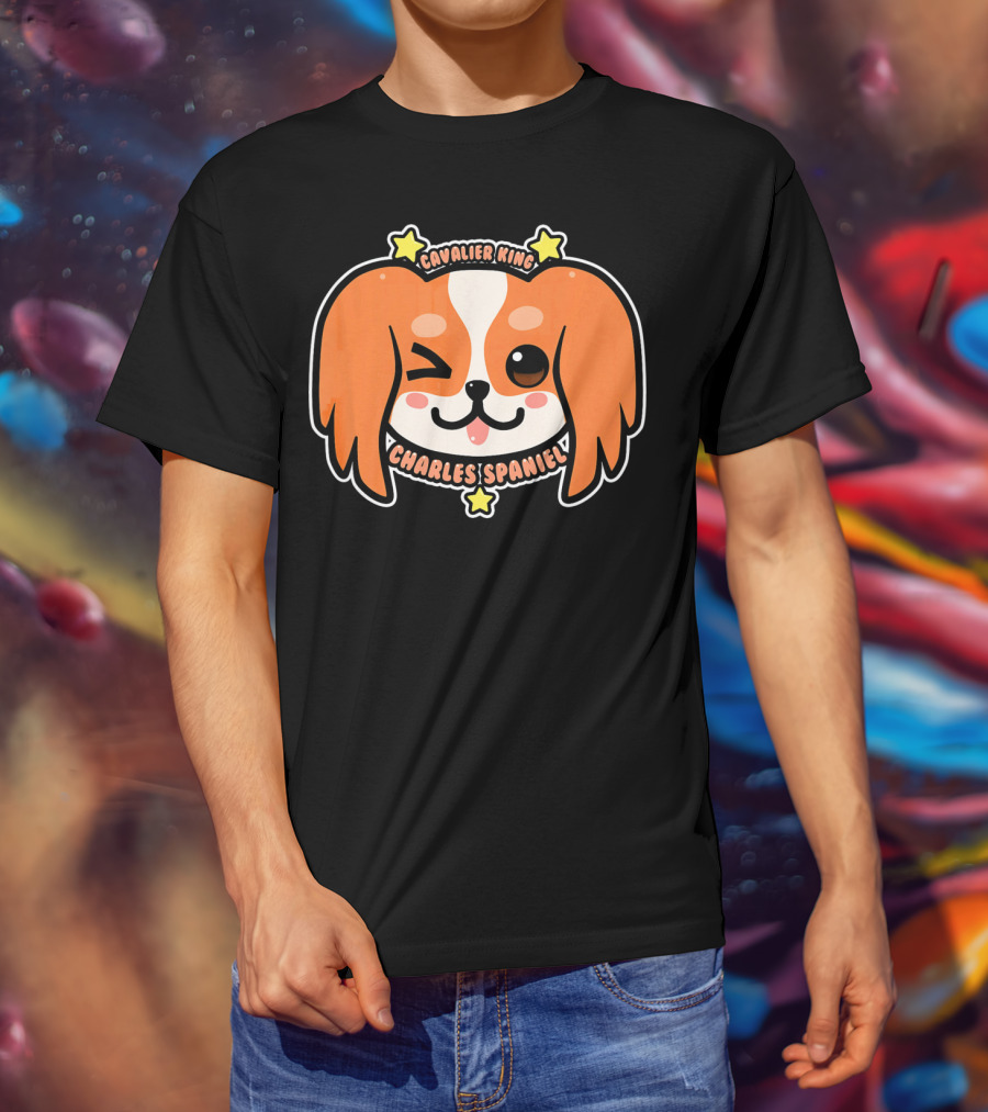 KAWAII Cavalier King Charles Spaniel Dog Puppy Cute Winking Face With Stars T-Shirt
