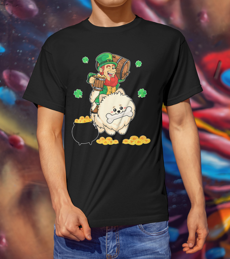 Leprechaun Rides Pomeranian With Beer And Gold Shamrocks T-Shirt
