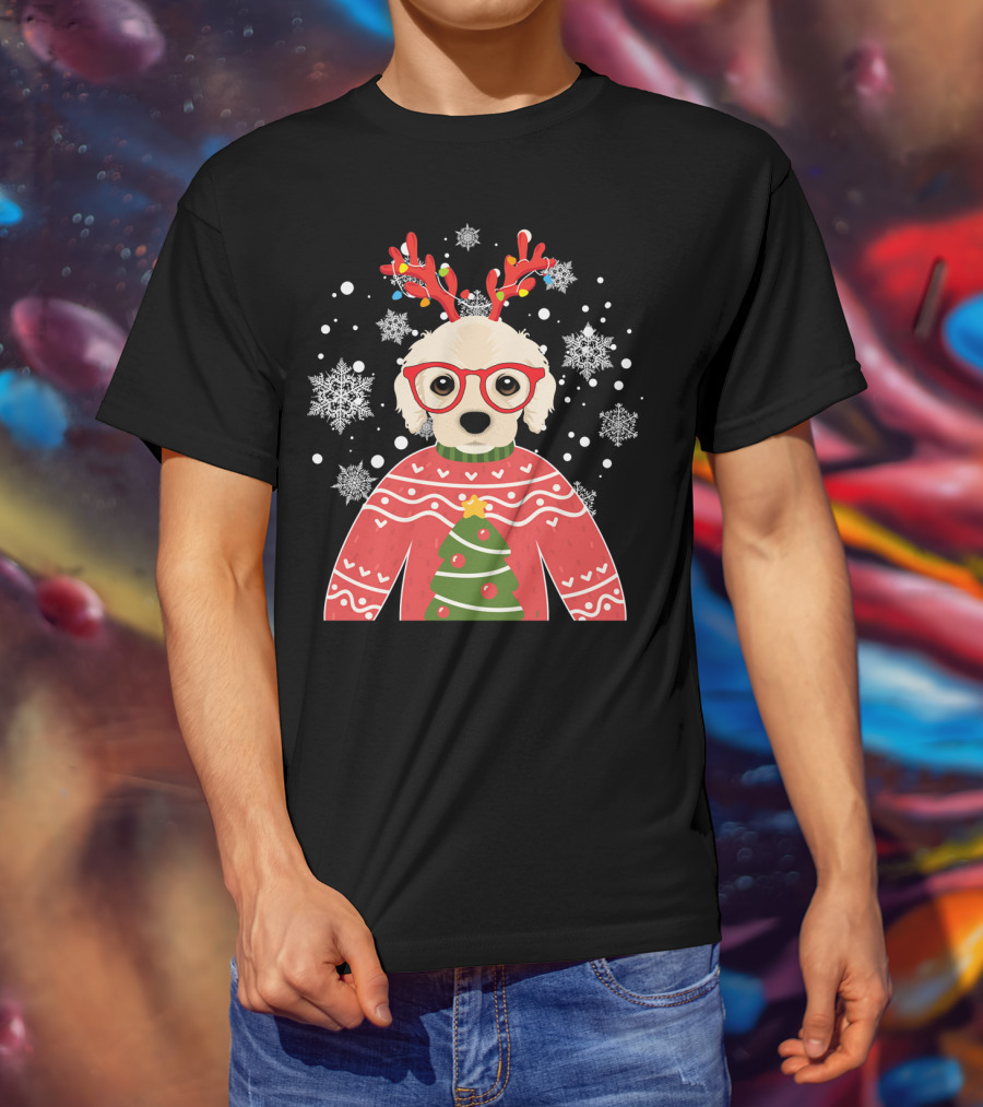 Christmas Cocker Spaniel Reindeer Antlers Snowflakes Sweater Tree T-Shirt