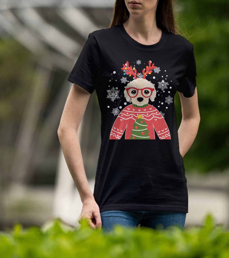 Christmas Cocker Spaniel Reindeer Antlers Snowflakes Sweater Tree T-Shirt