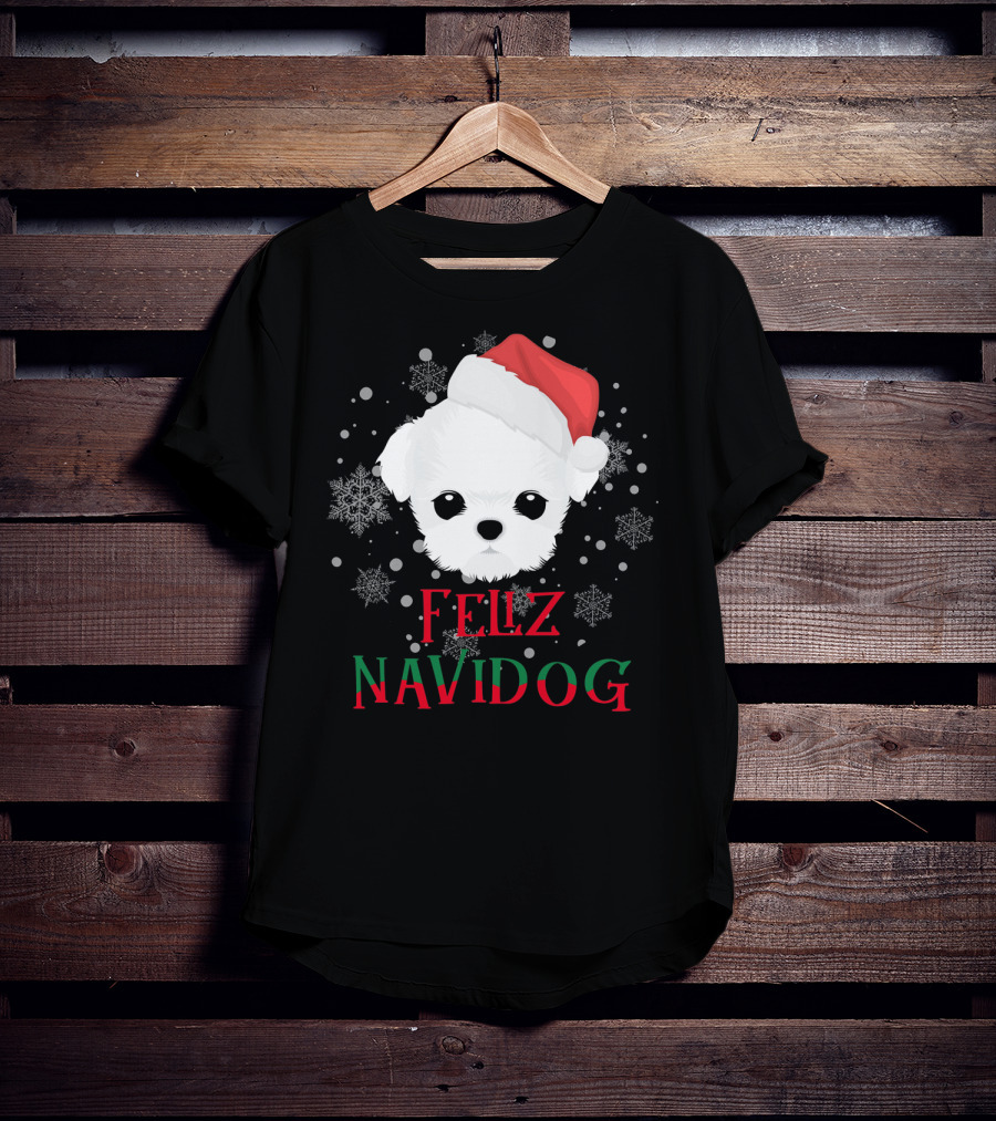 Feliz Navidog Maltese Dog Christmas Santa Hat Snowflakes T-Shirt