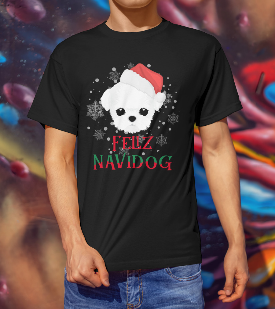 Feliz Navidog Maltese Dog Christmas Santa Hat Snowflakes T-Shirt