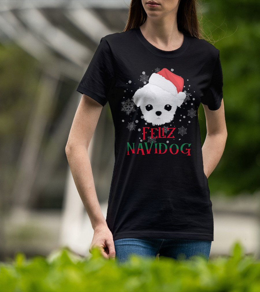 Feliz Navidog Maltese Dog Christmas Santa Hat Snowflakes T-Shirt