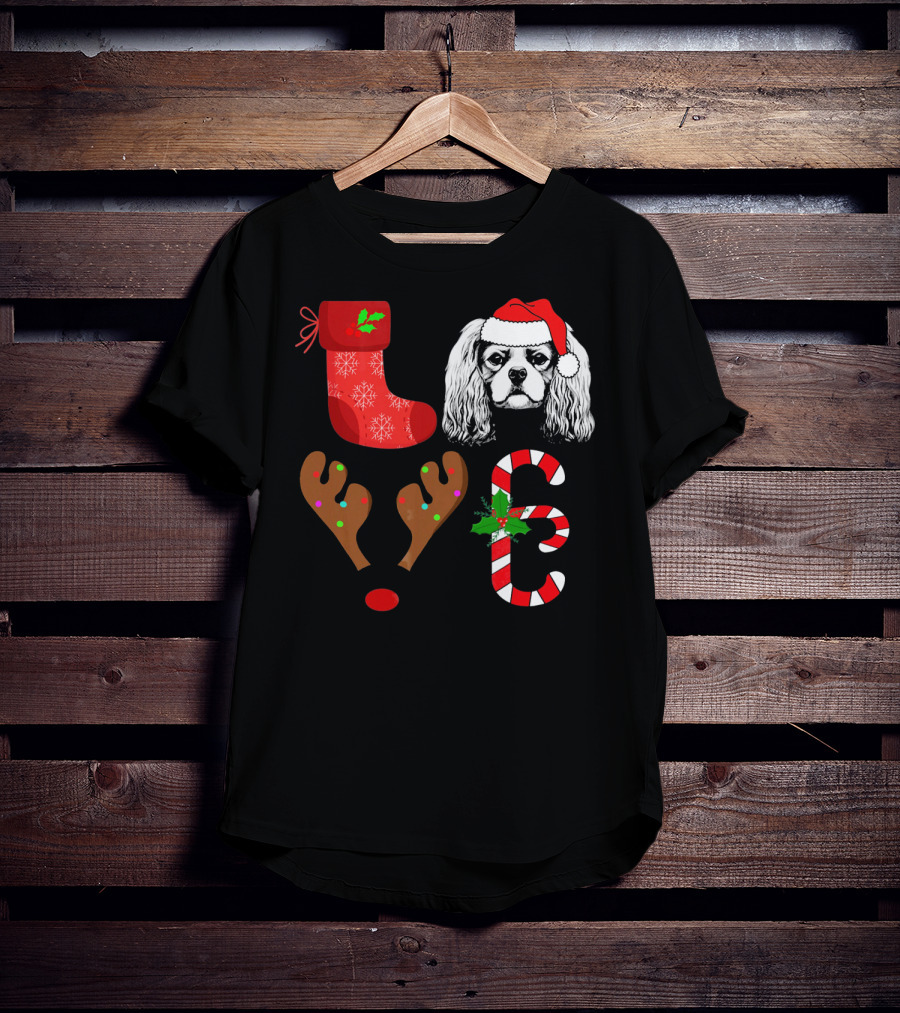 Love Cavalier King Charles Spaniel Santa Reindeer Candy Cane Stocking T-Shirt