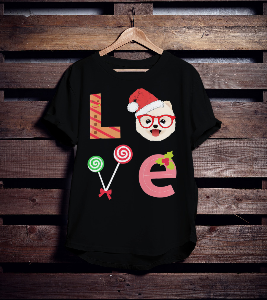 Love Pomeranian Santa Christmas Dog Candy Cane Glasses T-Shirt