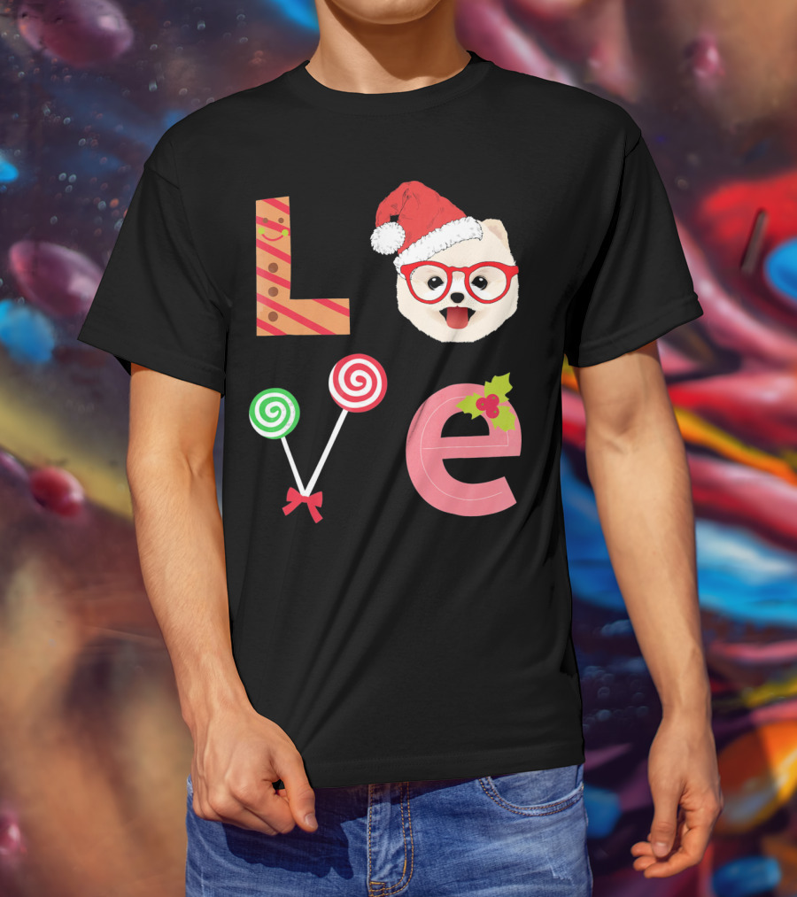 Love Pomeranian Santa Christmas Dog Candy Cane Glasses T-Shirt
