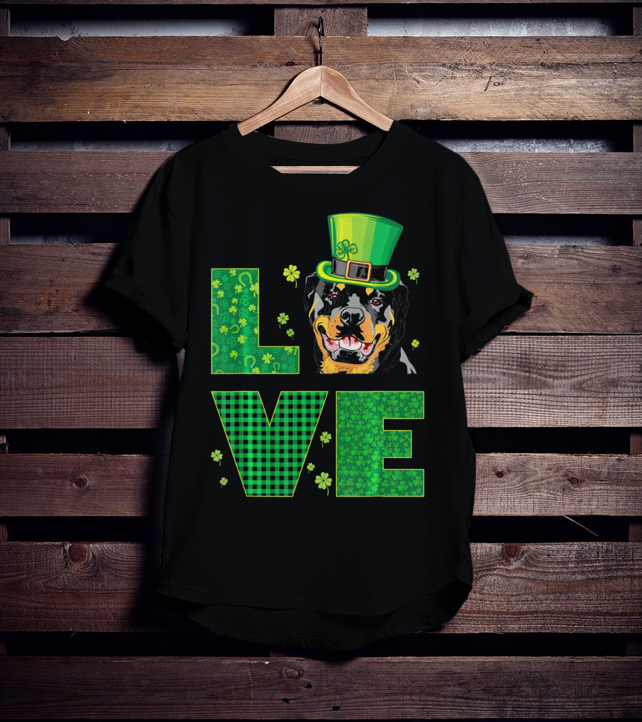 Love Rottweiler St. Patrick's Day Hat Green Shamrock Leaf T-Shirt