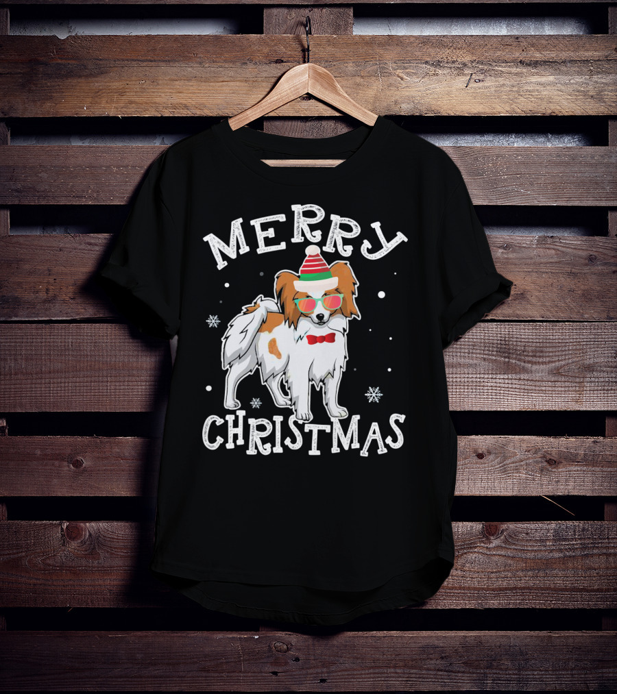 Merry Christmas Papillon Noel Hat Bowtie Snowflakes T-Shirt