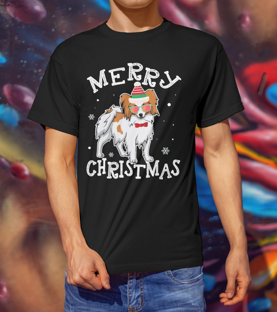 Merry Christmas Papillon Noel Hat Bowtie Snowflakes T-Shirt
