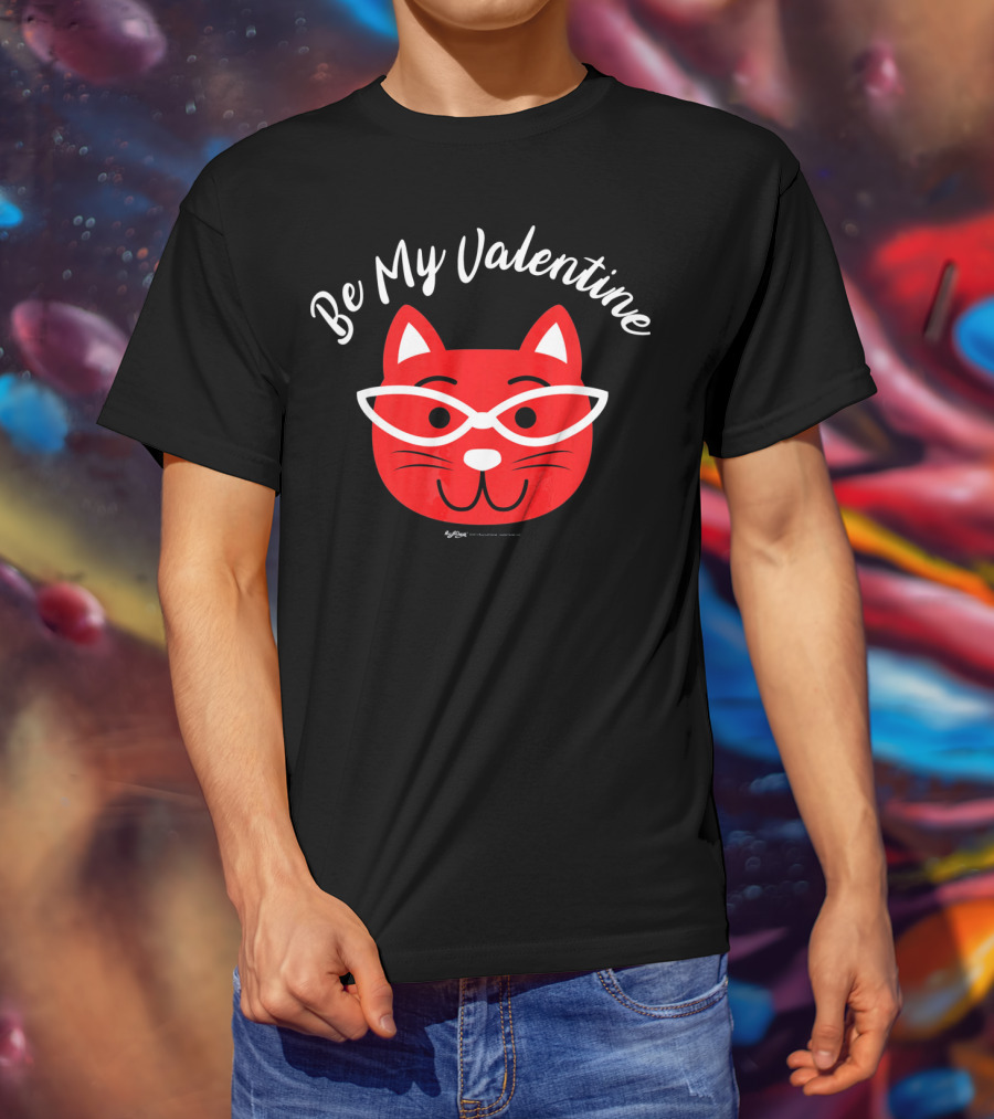 Be My Valentine Valentines Day Cat Drawing With Glasses T-Shirt