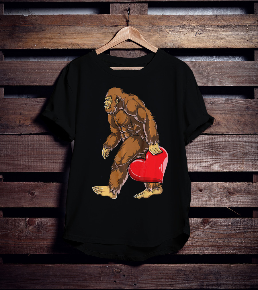 Bigfoot Carrying Heart Funny Valentine's Day T-Shirt