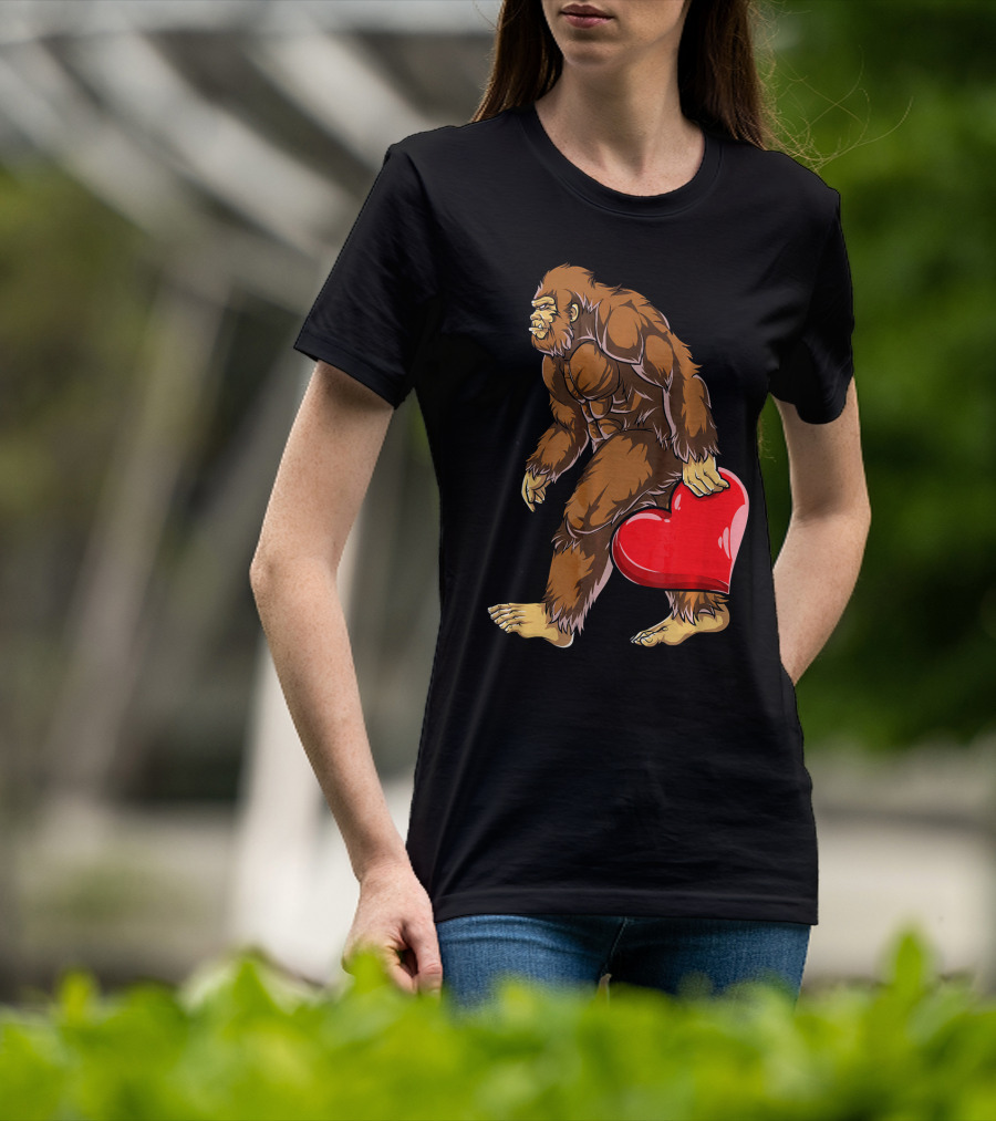 Bigfoot Carrying Heart Funny Valentine's Day T-Shirt