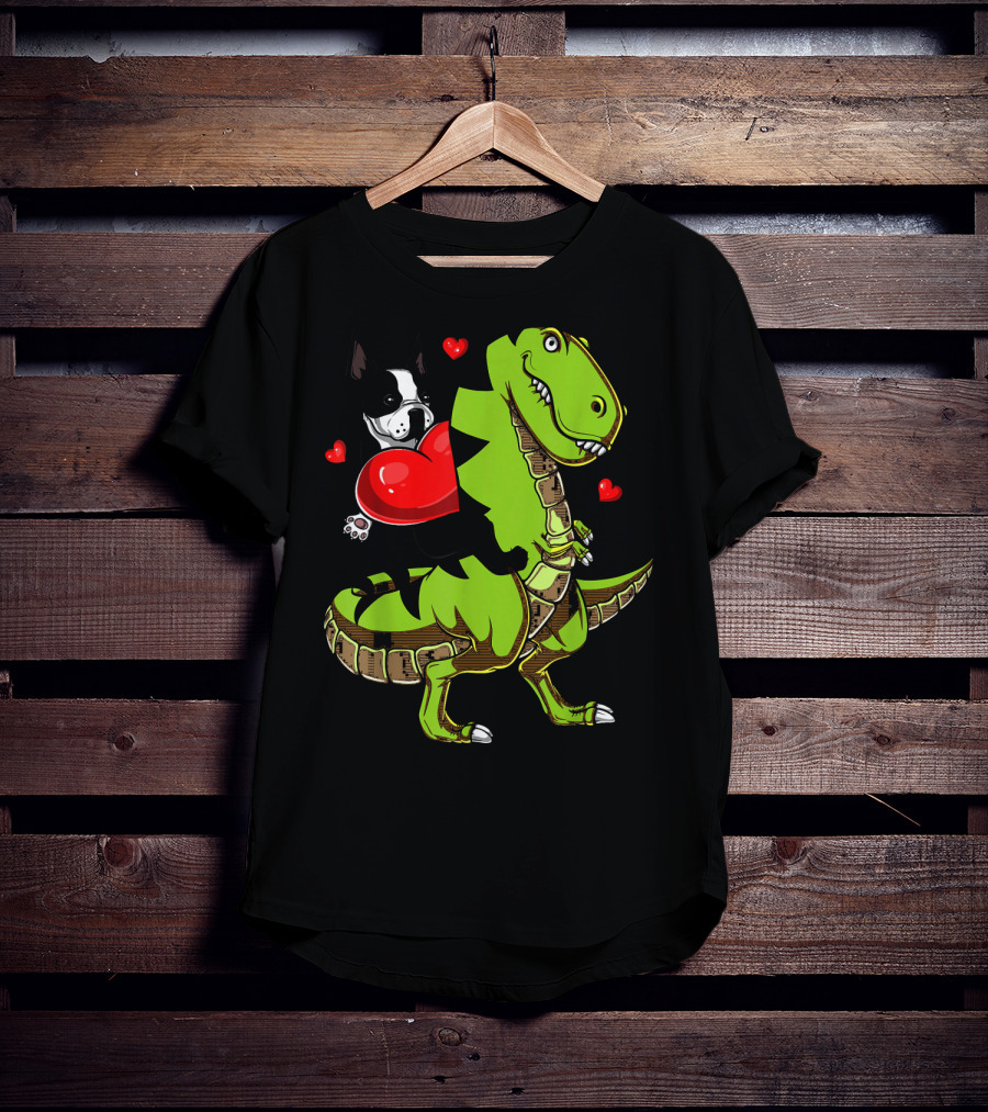 Boston Terrier With Red Hearts Riding A Green Rex Dinosaur T-Shirt